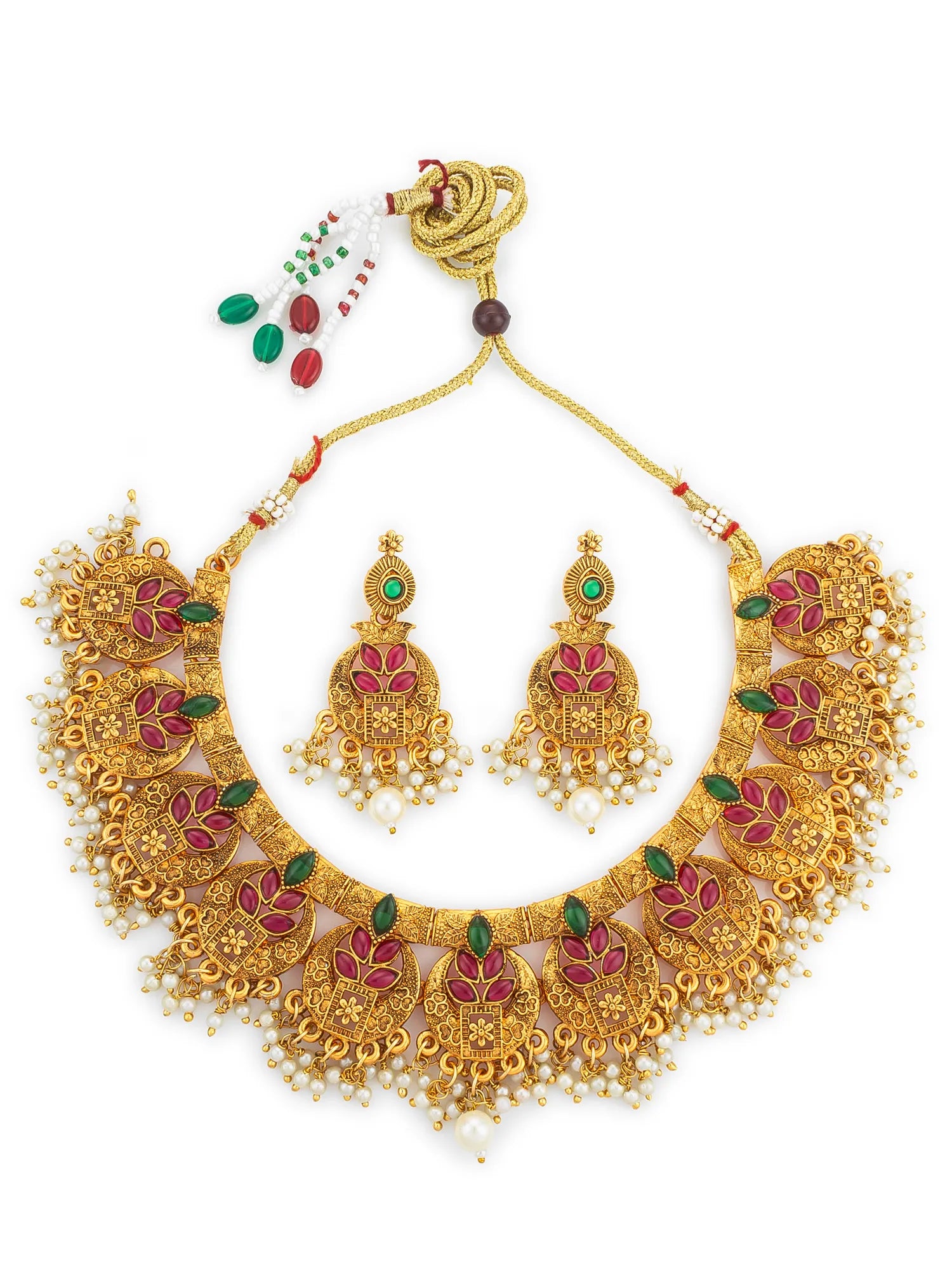 Gold necklace set with pink and green stones on a white background
