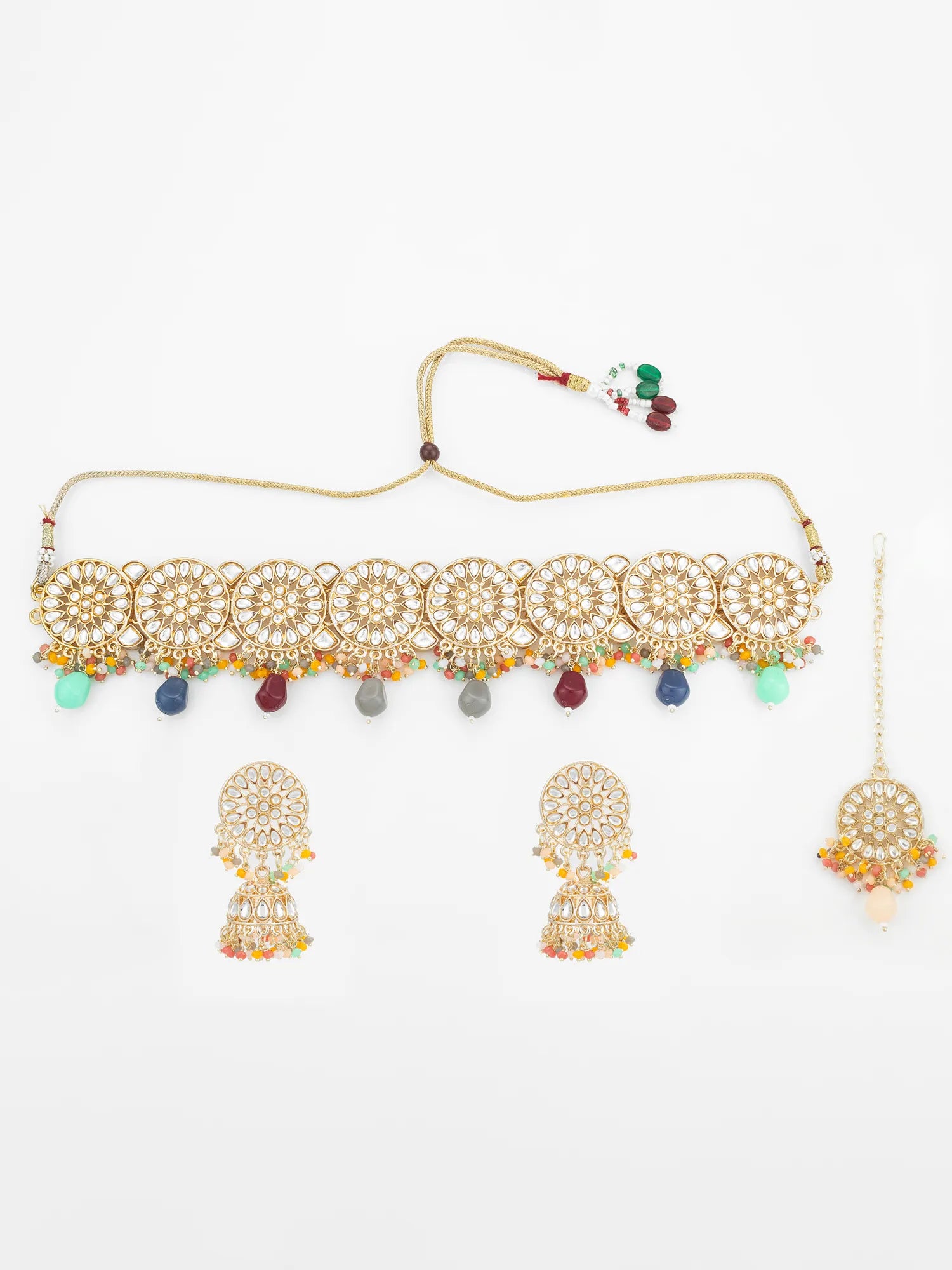 Gold necklace with colorful beads and earrings on a white background