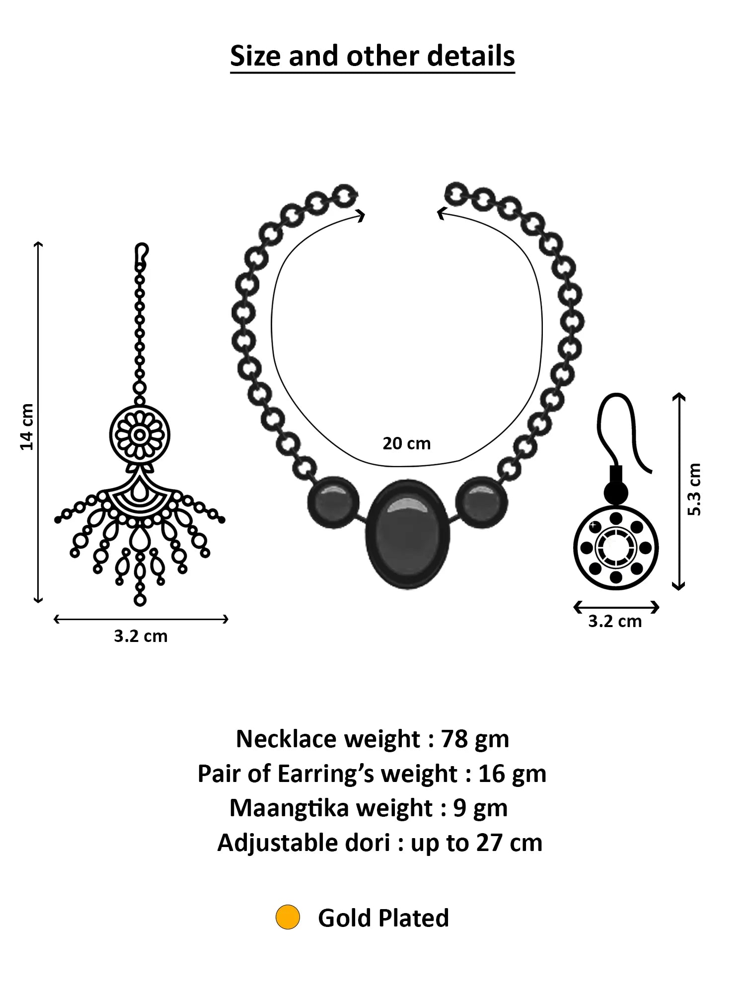 Jewelry set with necklace, earrings, and maangtika measurements and details on a white background.