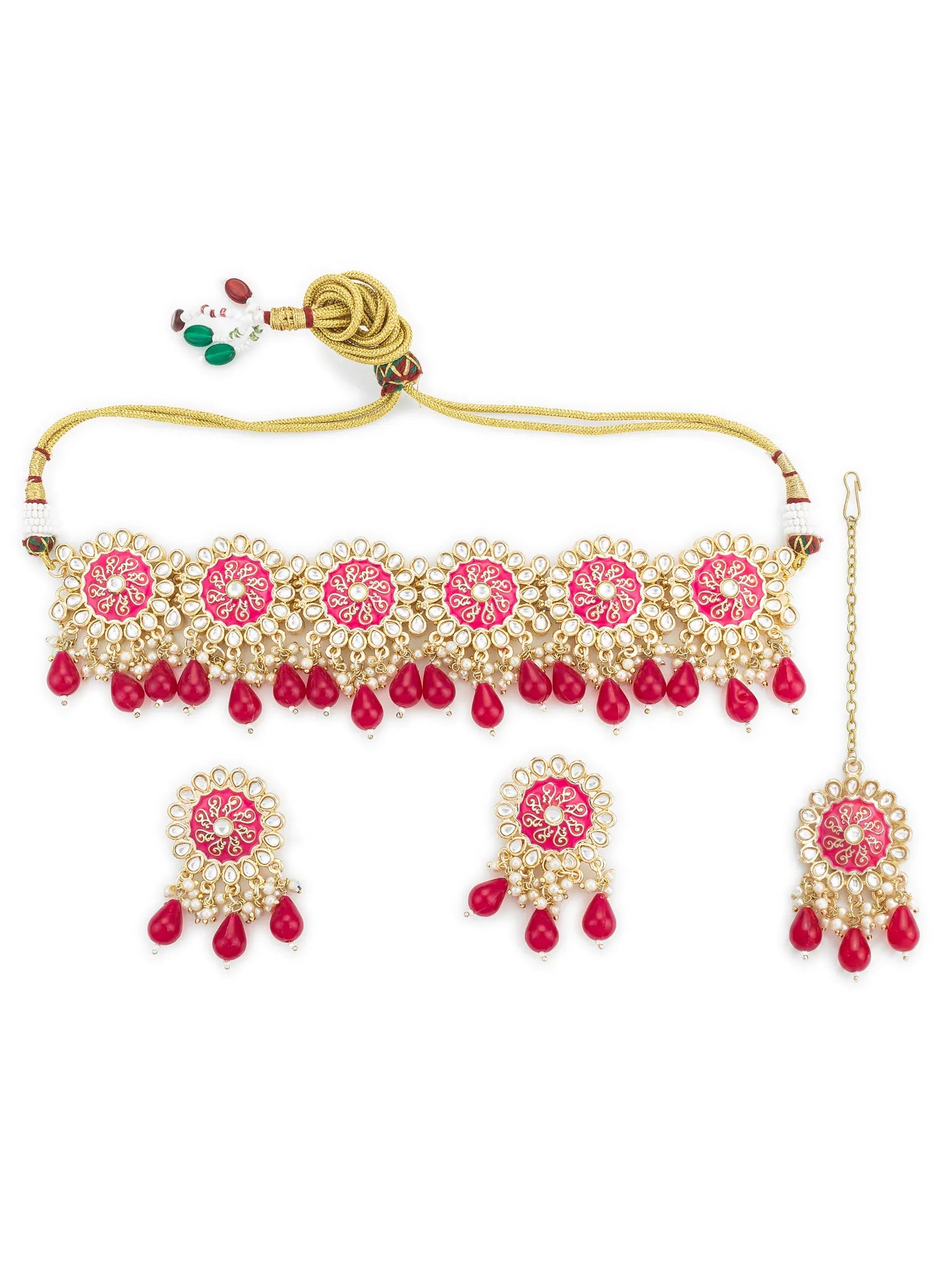 Jewelry set with pink and gold elements on a white background