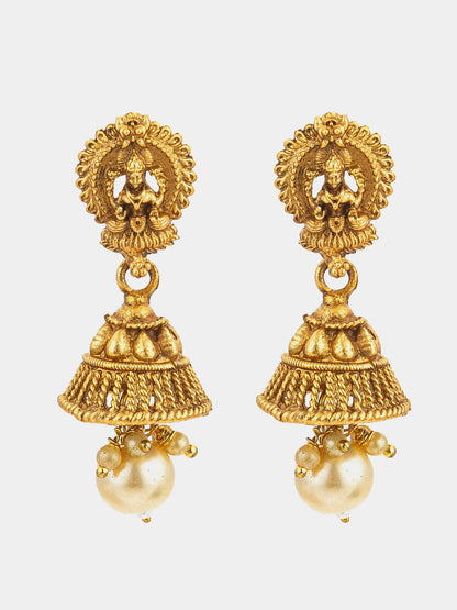 Gold earrings with intricate designs and pearl-like beads on a white background