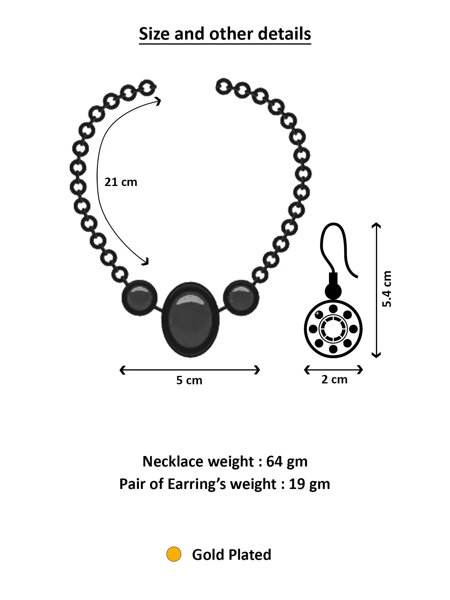 Measurement chart of a necklace and earrings with dimensions and weight details.