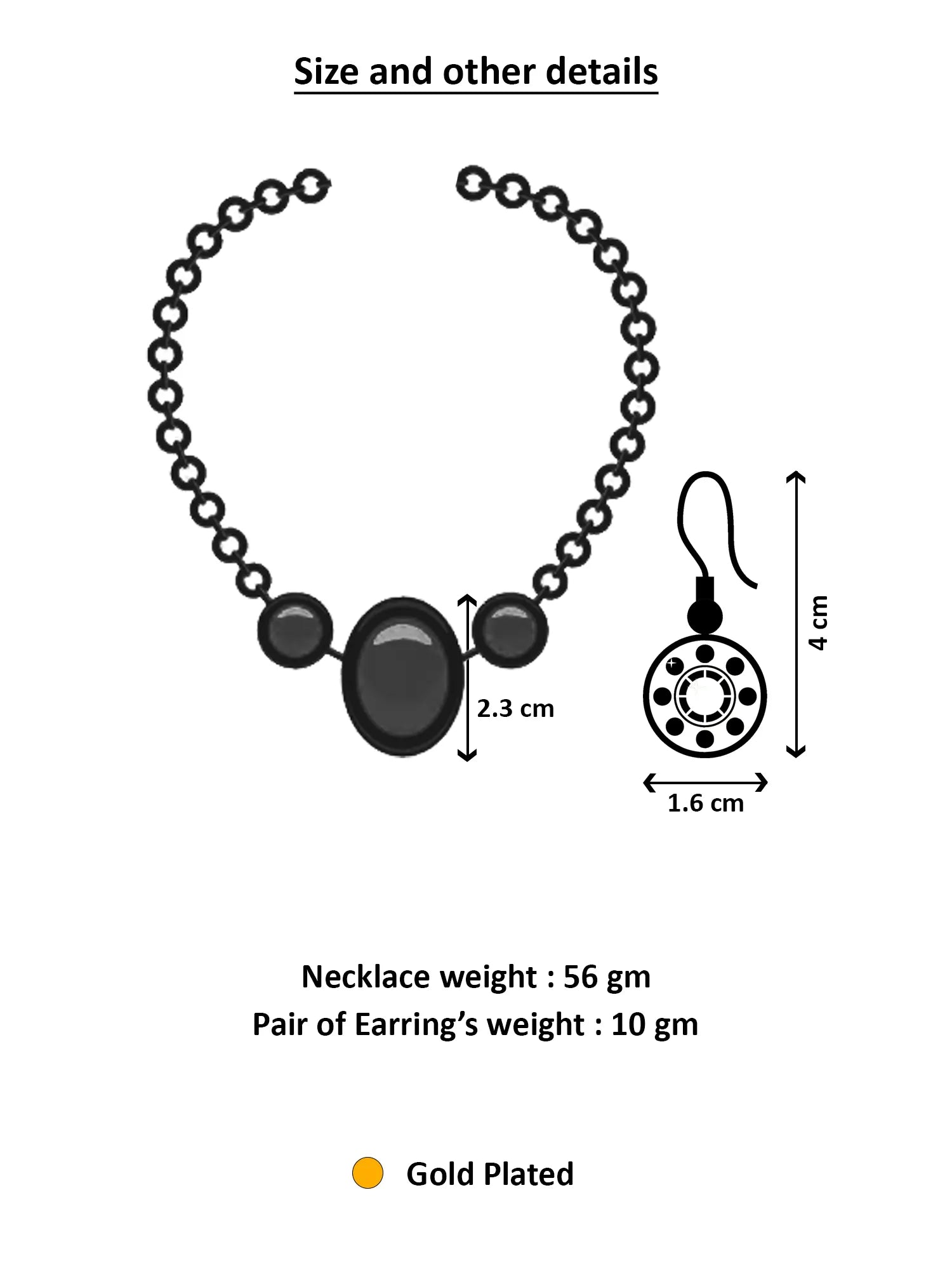Black necklace and earrings with measurements and weight details on a white background