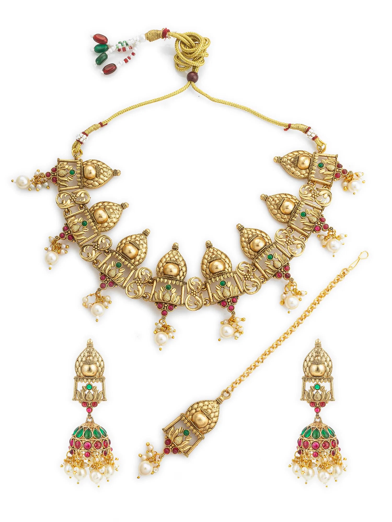 Gold jewelry set with necklace, earrings, and tikka on a white background