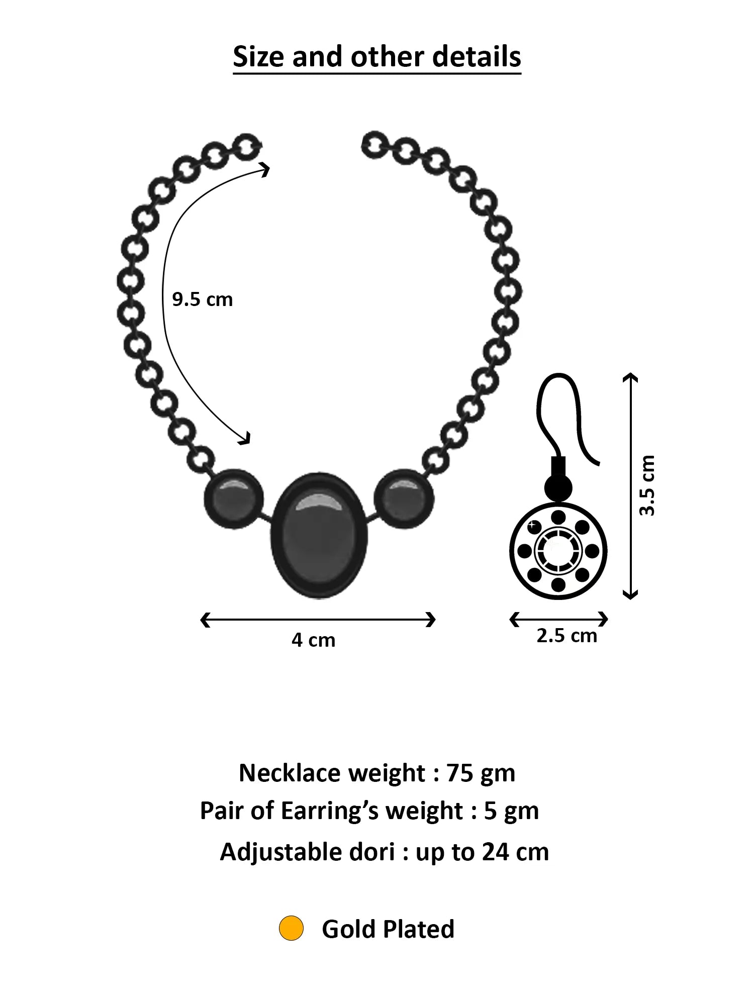 Measurement chart for a necklace and earrings with dimensions and weight details.