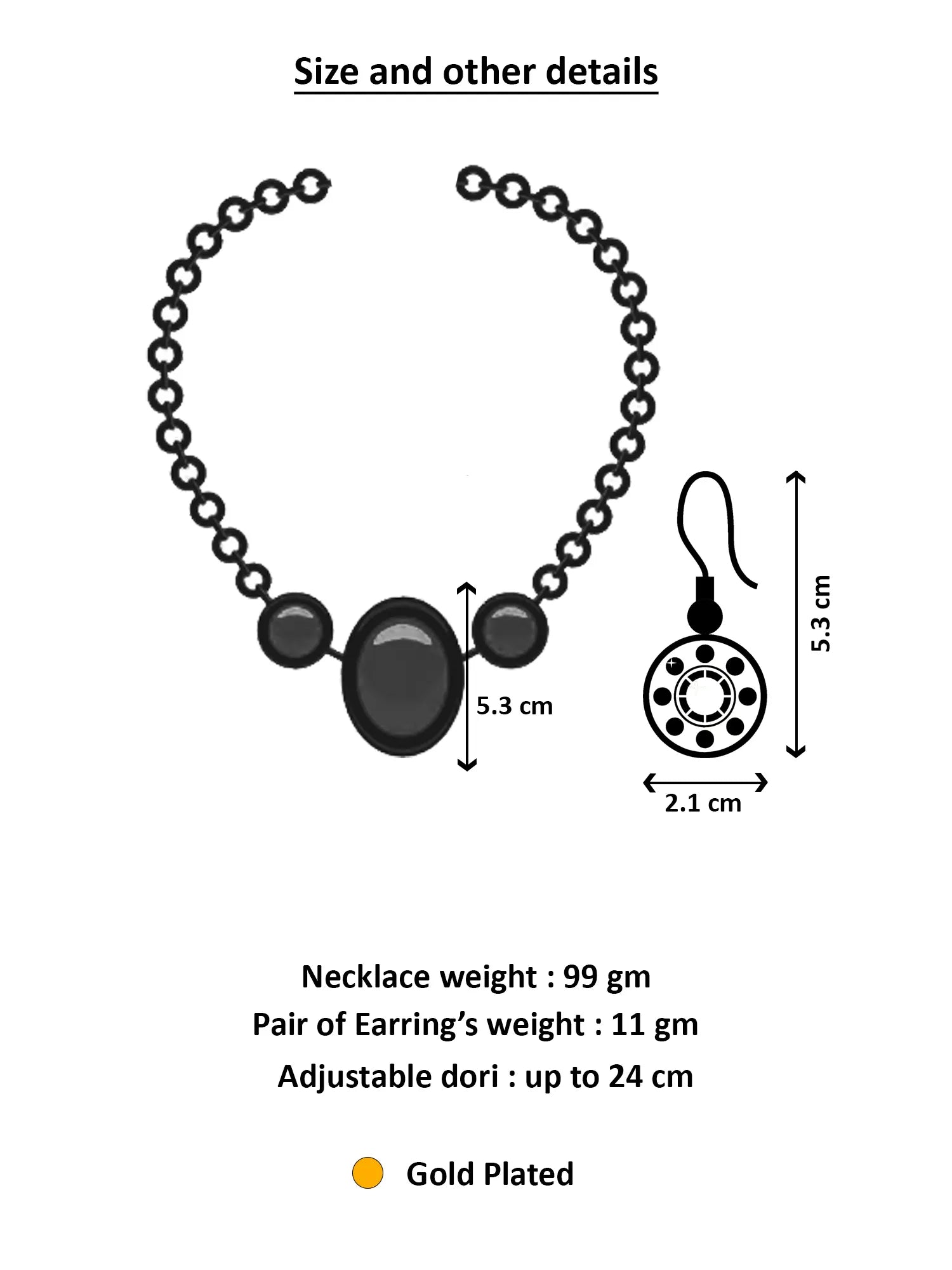Measurement chart for a necklace and earrings with dimensions and weight details.