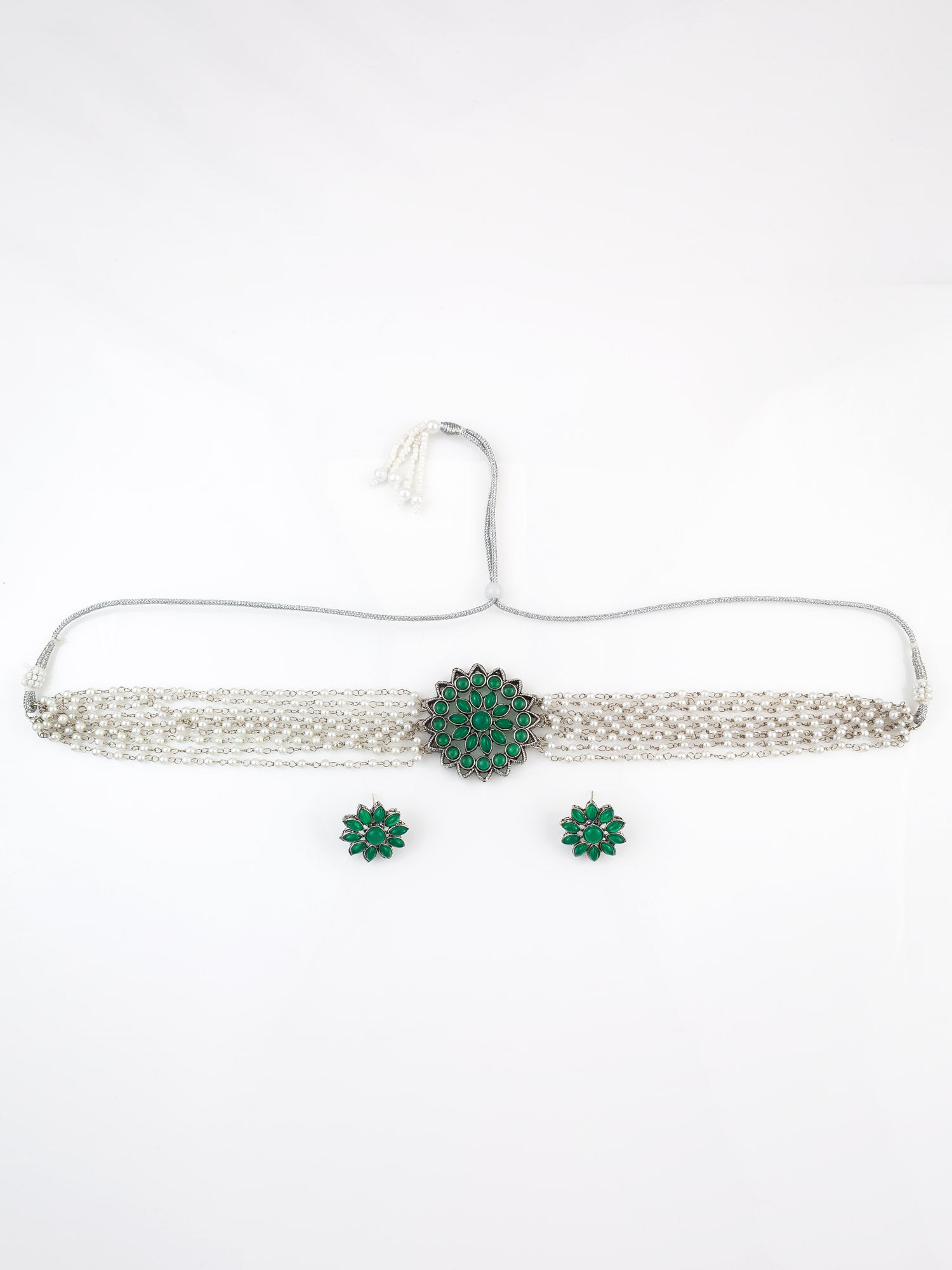 Aadita Silver Plated Green Pearl Beaded Multi-Layer Kundan Choker Necklace Set for Women