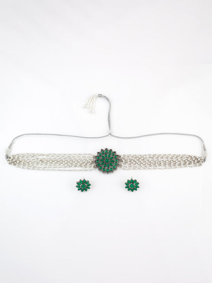 Aadita Silver Plated Green Pearl Beaded Multi-Layer Kundan Choker Necklace Set for Women