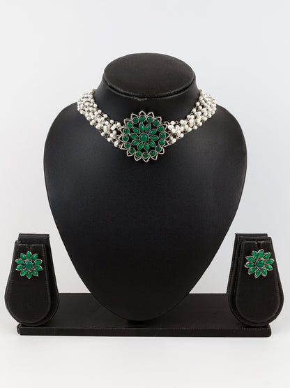 Aadita Silver Plated Green Pearl Beaded Multi-Layer Kundan Choker Necklace Set for Women