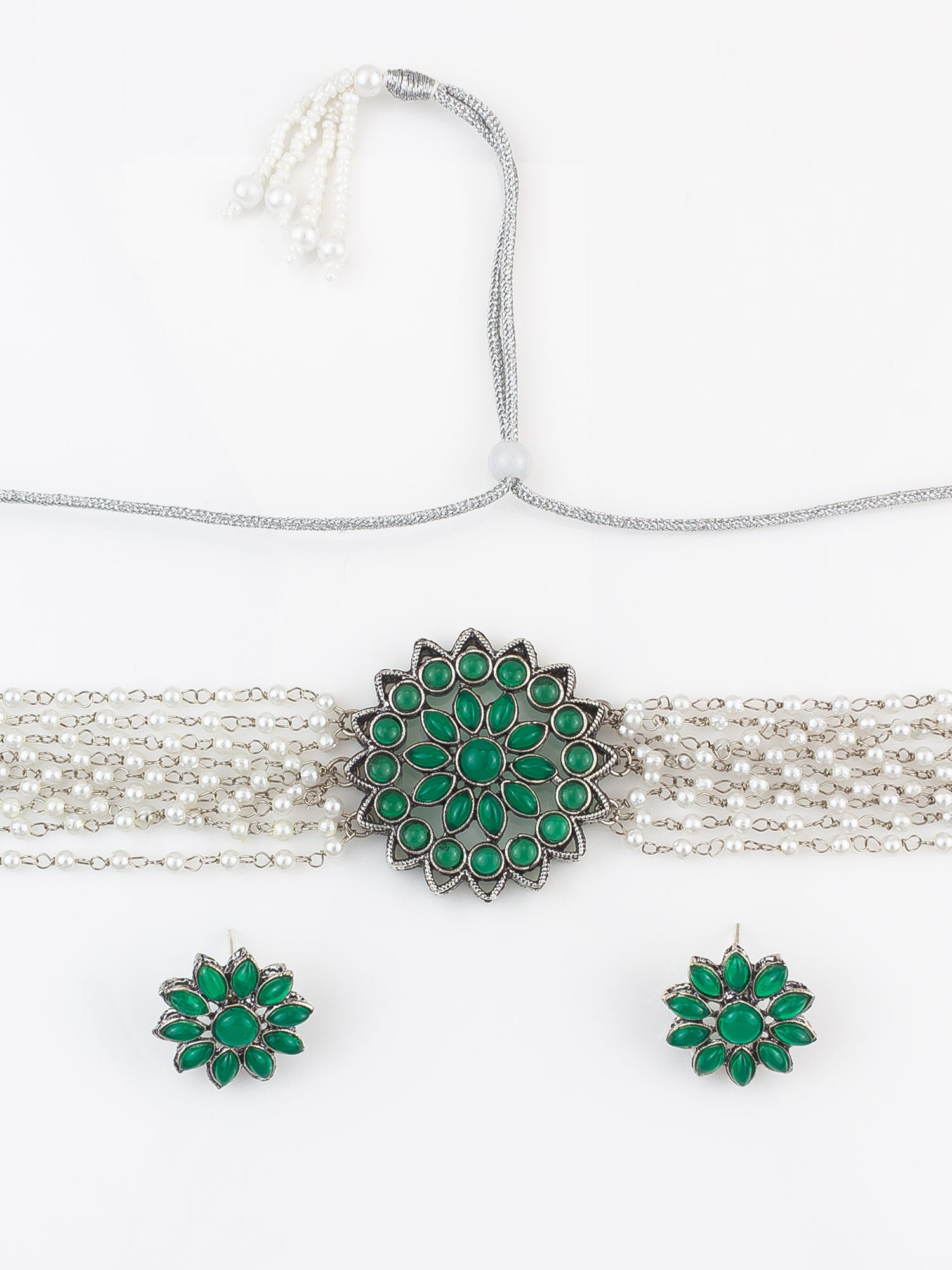Aadita Silver Plated Green Pearl Beaded Multi-Layer Kundan Choker Necklace Set for Women