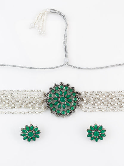 Aadita Silver Plated Green Pearl Beaded Multi-Layer Kundan Choker Necklace Set for Women