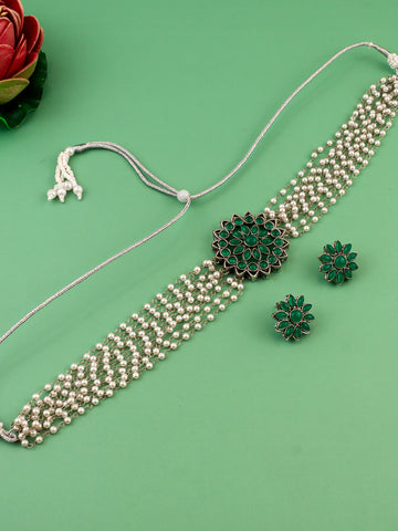 Aadita Silver Plated Green Pearl Beaded Multi-Layer Kundan Choker Necklace Set for Women