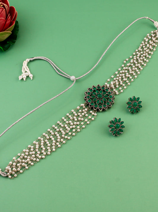 Aadita Silver Plated Green Pearl Beaded Multi-Layer Kundan Choker Necklace Set for Women