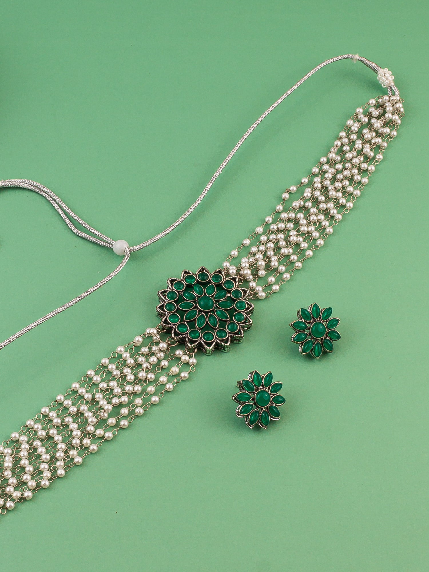 Aadita Silver Plated Green Pearl Beaded Multi-Layer Kundan Choker Necklace Set for Women