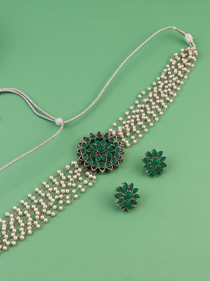 Aadita Silver Plated Green Pearl Beaded Multi-Layer Kundan Choker Necklace Set for Women