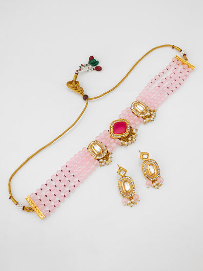 Rose Pink Multi-Strand Beaded Choker Necklace Set with Kundan Accents and Matching Earrings