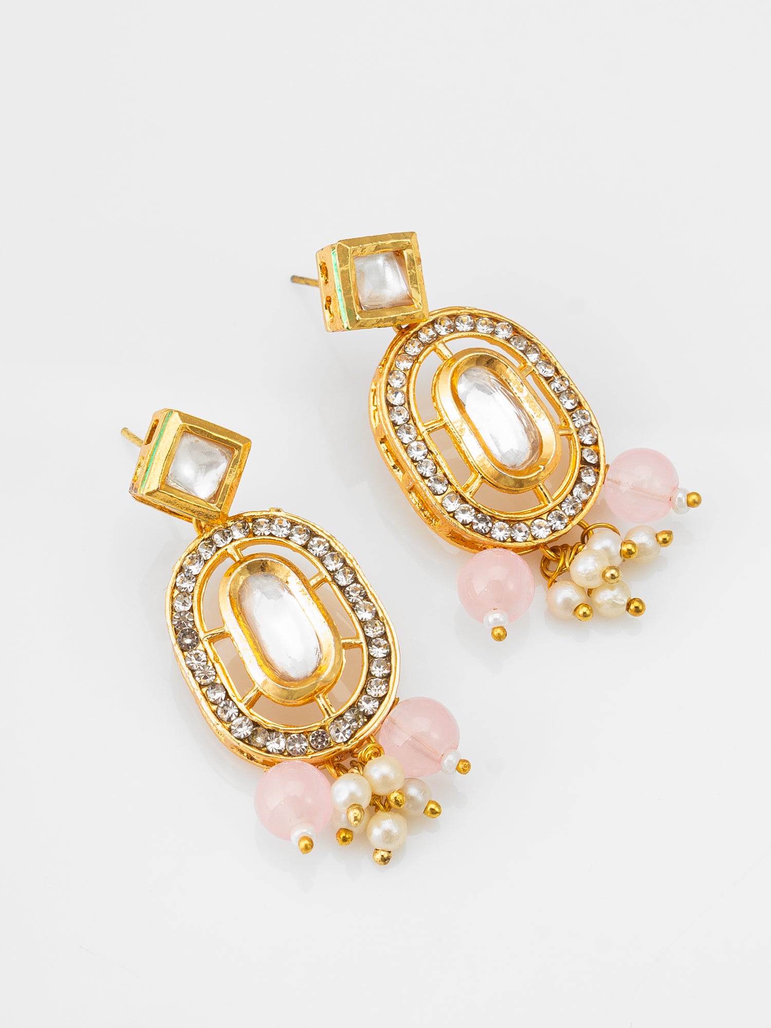 Rose Pink Multi-Strand Beaded Choker Necklace Set with Kundan Accents and Matching Earrings