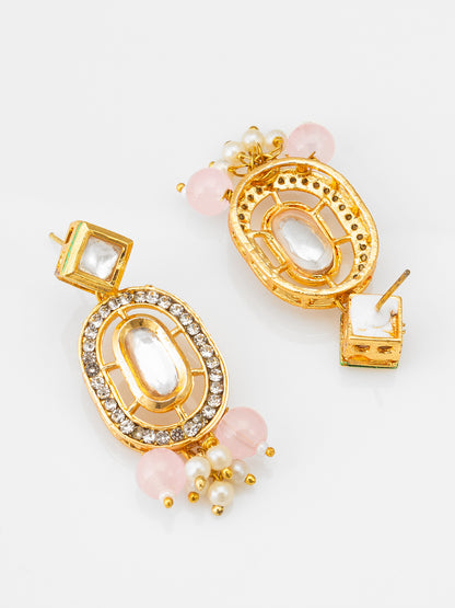 Rose Pink Multi-Strand Beaded Choker Necklace Set with Kundan Accents and Matching Earrings