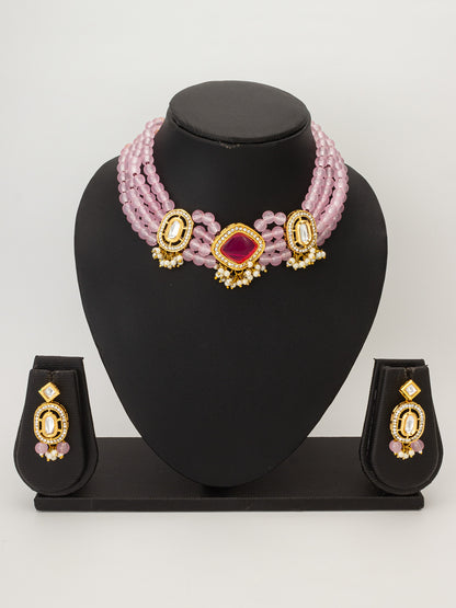Rose Pink Multi-Strand Beaded Choker Necklace Set with Kundan Accents and Matching Earrings