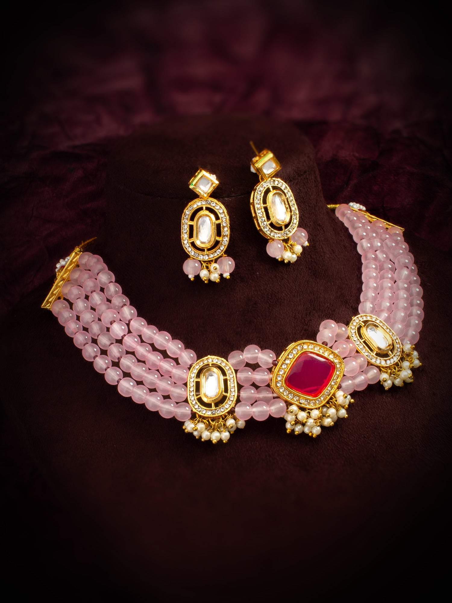 Rose Pink Multi-Strand Beaded Choker Necklace Set with Kundan Accents and Matching Earrings