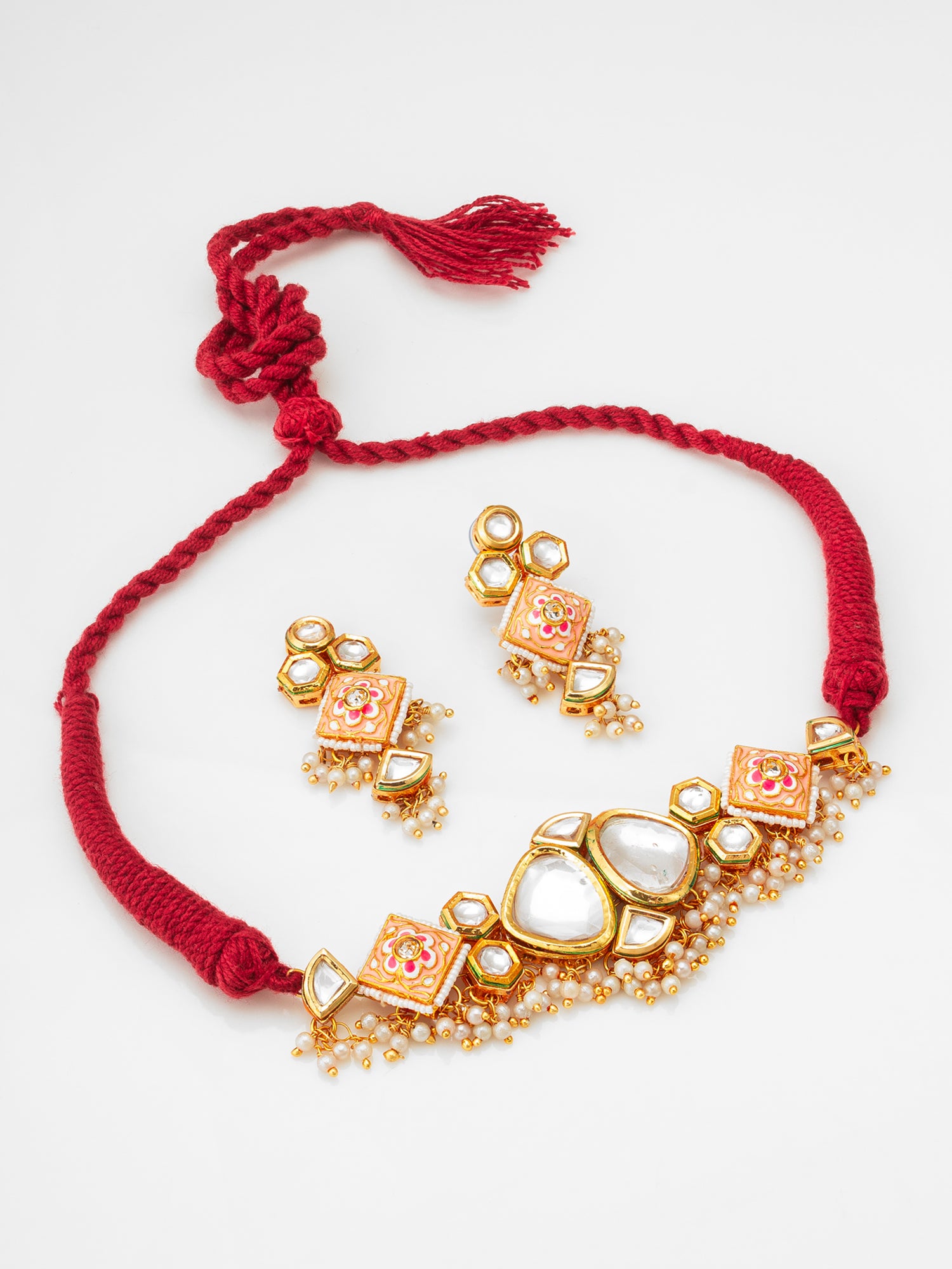 Aadita Kundan Choker Necklace Set with Pink Enamel and Pearl Drops