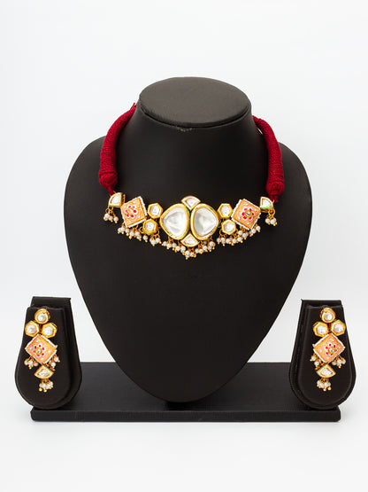 Aadita Kundan Choker Necklace Set with Pink Enamel and Pearl Drops