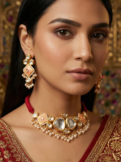 Aadita Kundan Choker Necklace Set with Pink Enamel and Pearl Drops