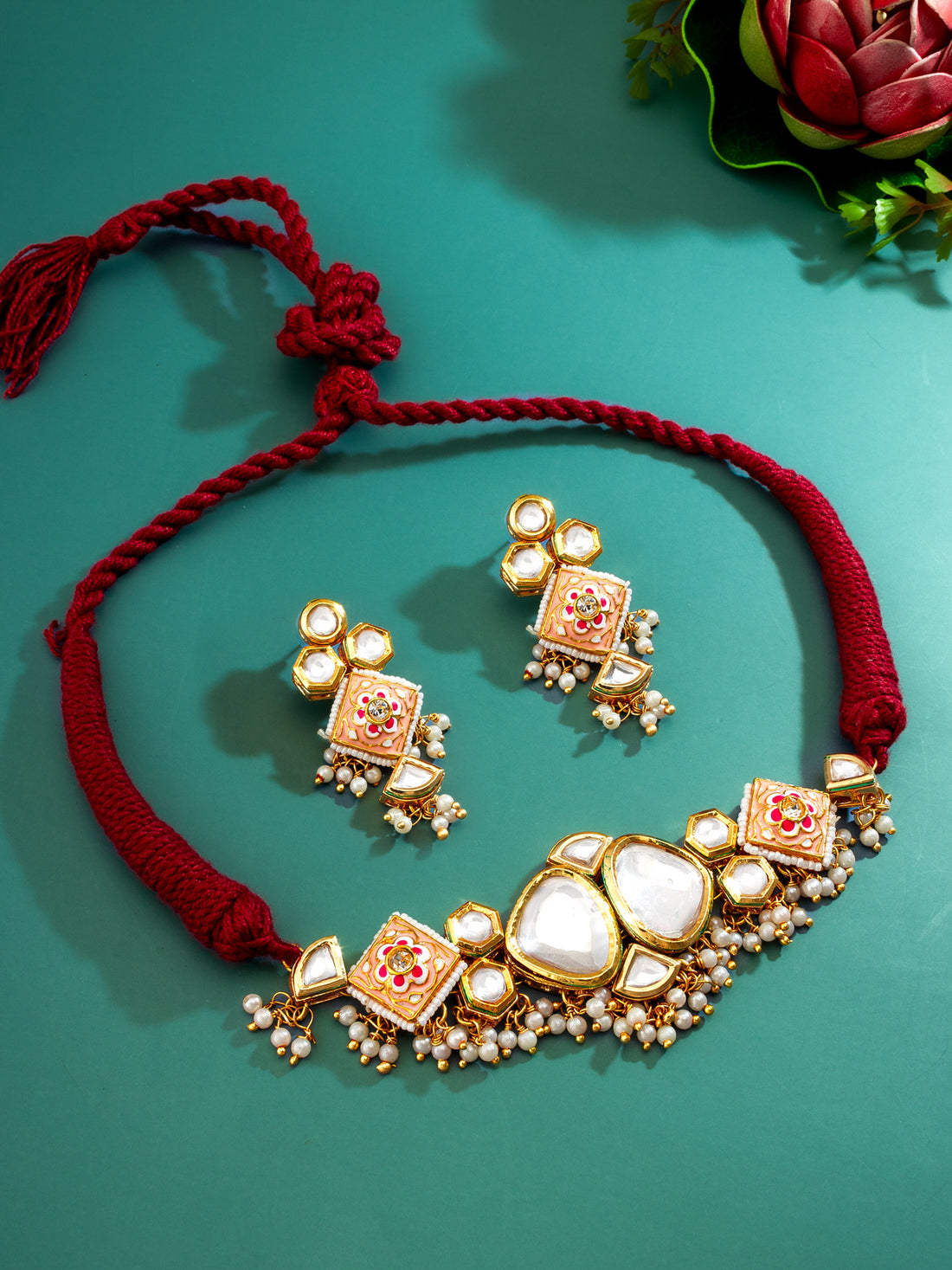 Kundan Choker Necklace Set with Pink Enamel and Pearl Drops