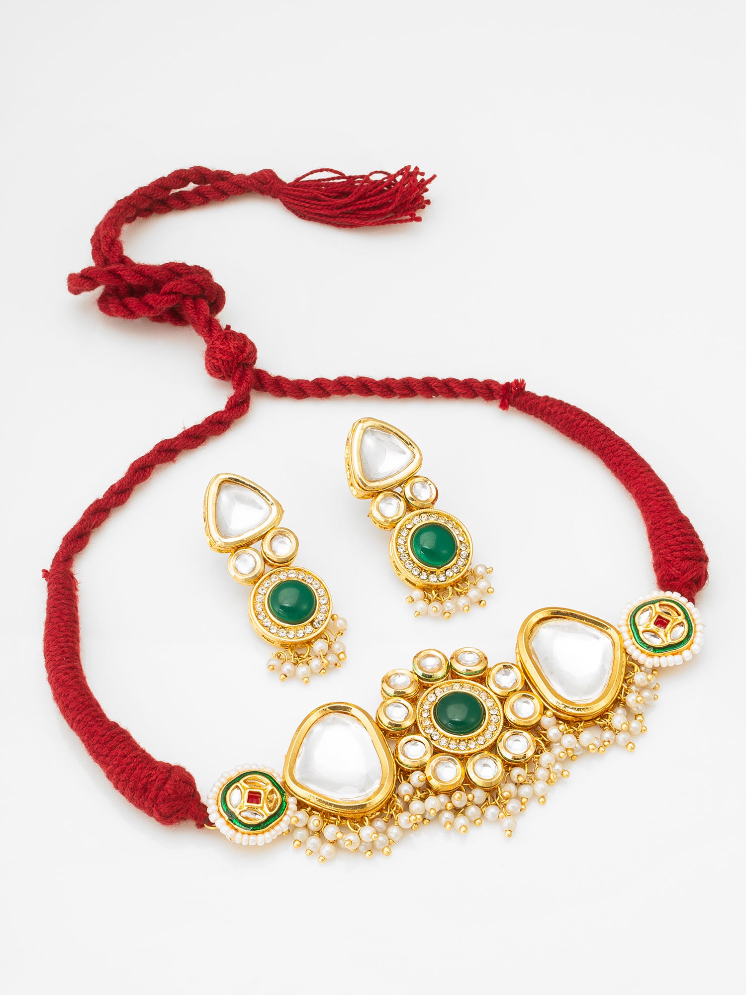 Aadita Elegant Green Stone Kundan Choker Set with Pearls
