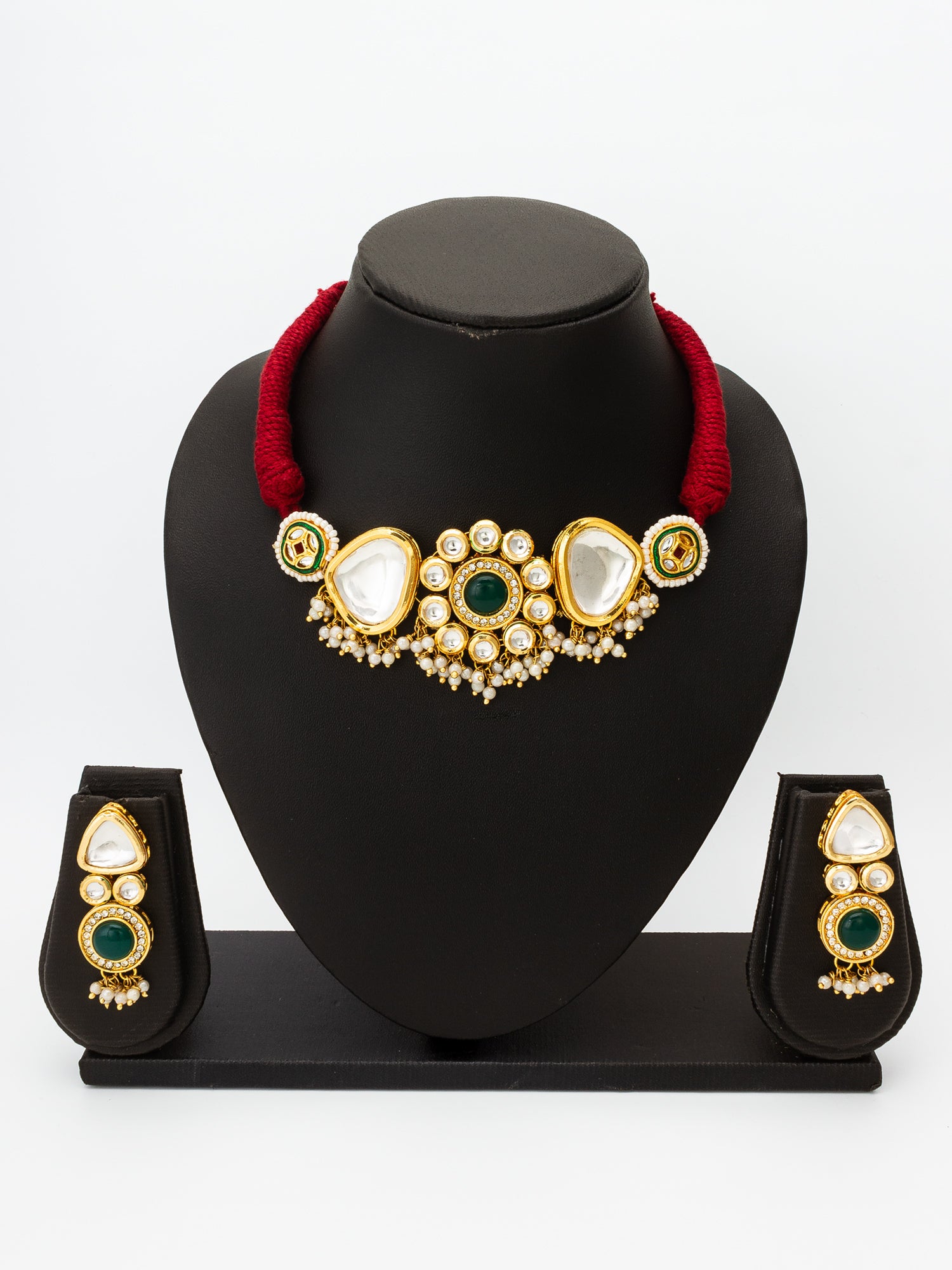 Aadita Elegant Green Stone Kundan Choker Set with Pearls