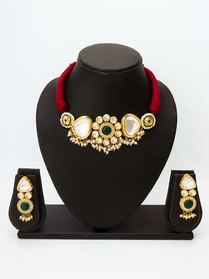 Aadita Elegant Green Stone Kundan Choker Set with Pearls