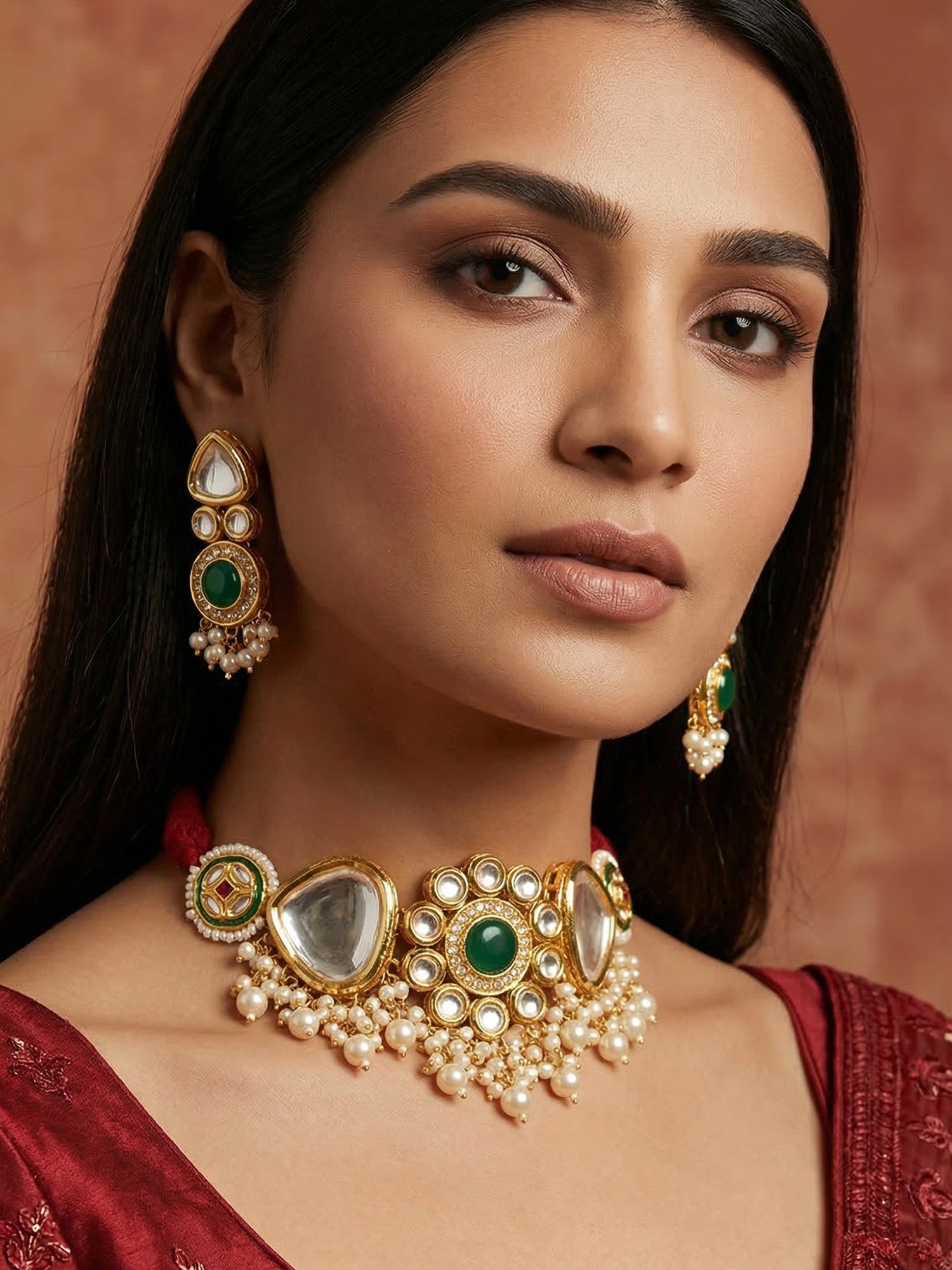 Aadita Elegant Green Stone Kundan Choker Set with Pearls