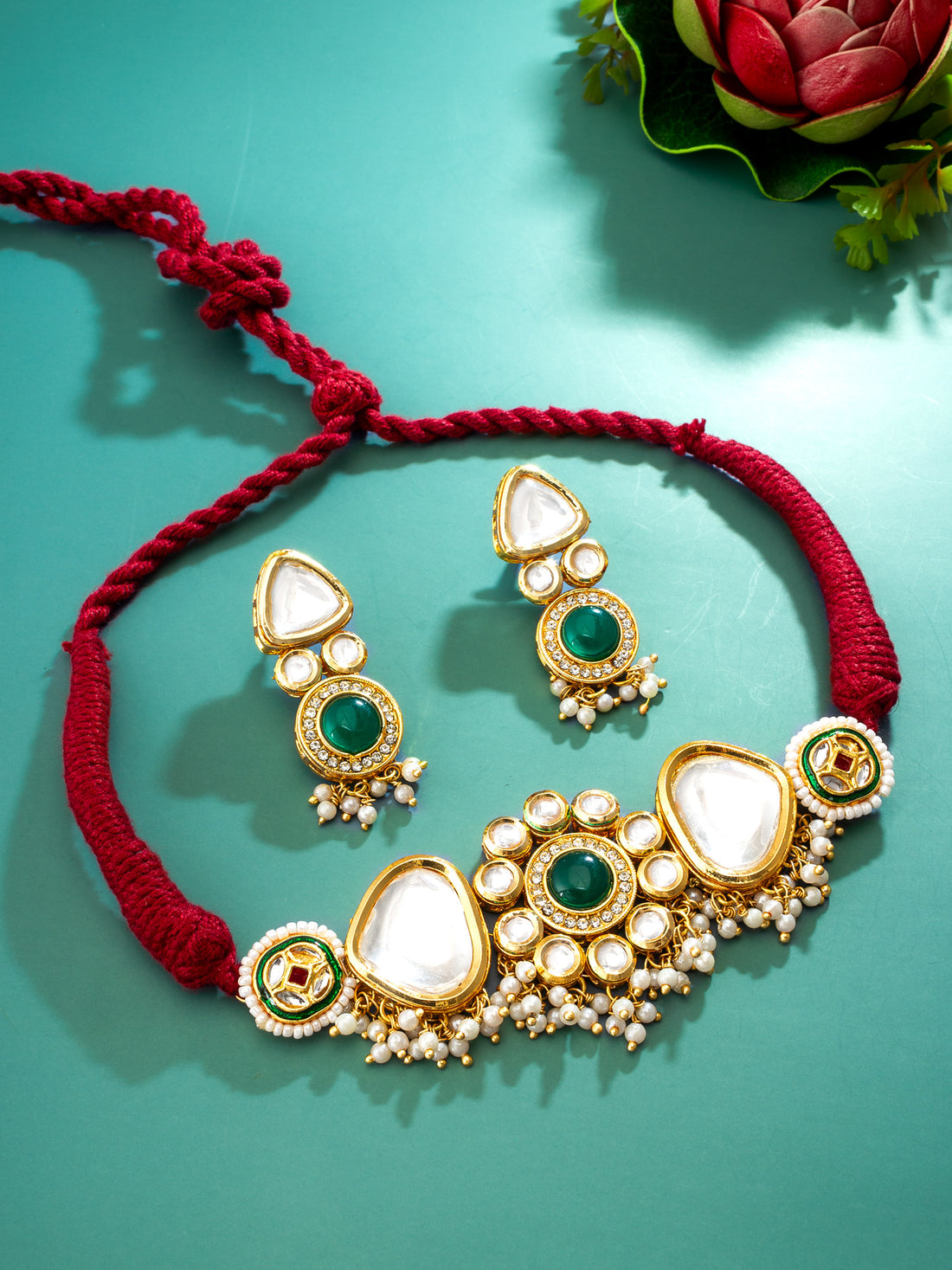 Green Stone Kundan Choker Set with Pearls
