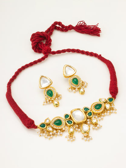Aadita Emerald Green Teardrop Kundan Choker Necklace Set