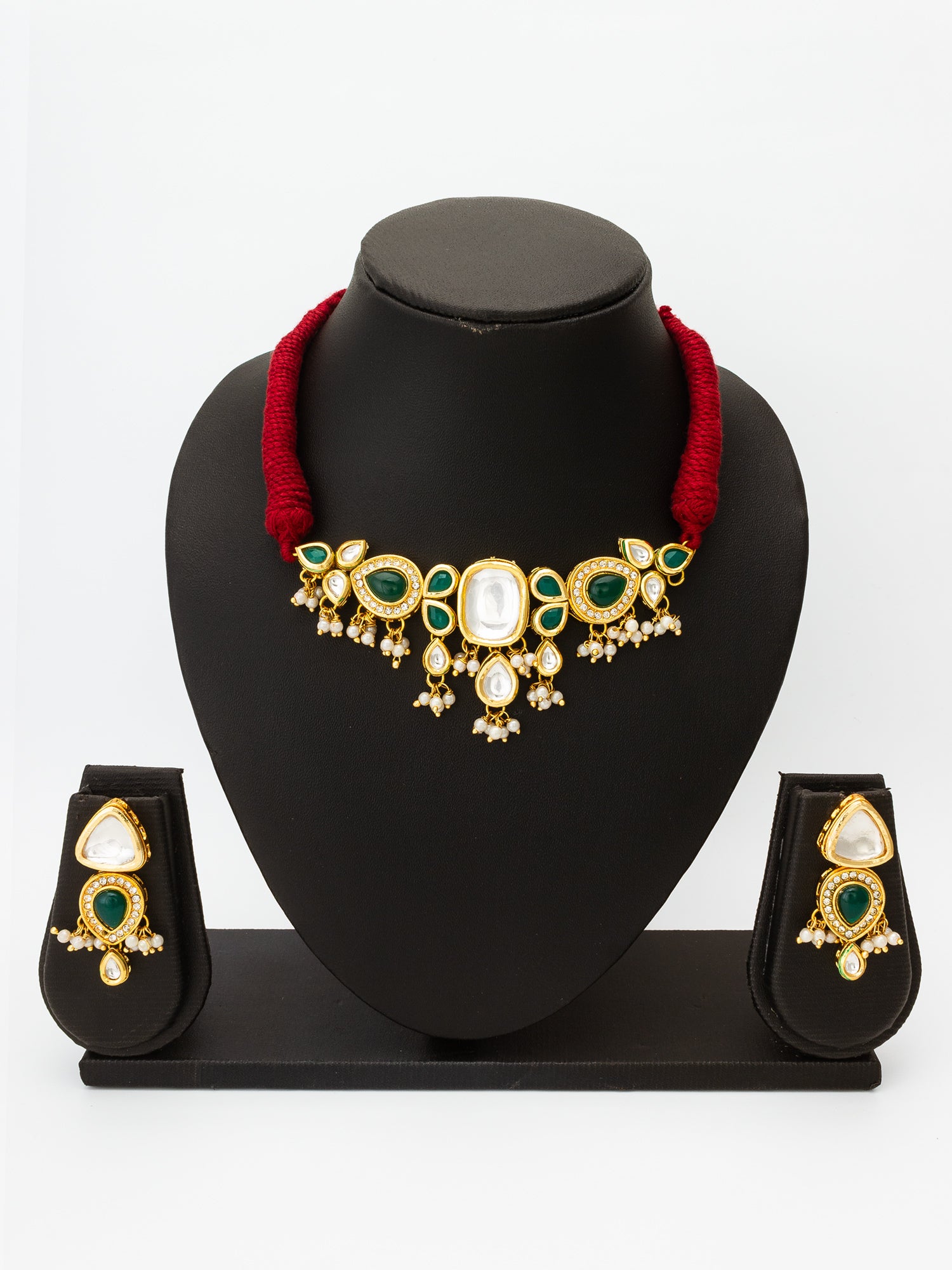 Aadita Emerald Green Teardrop Kundan Choker Necklace Set