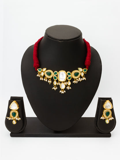 Aadita Emerald Green Teardrop Kundan Choker Necklace Set