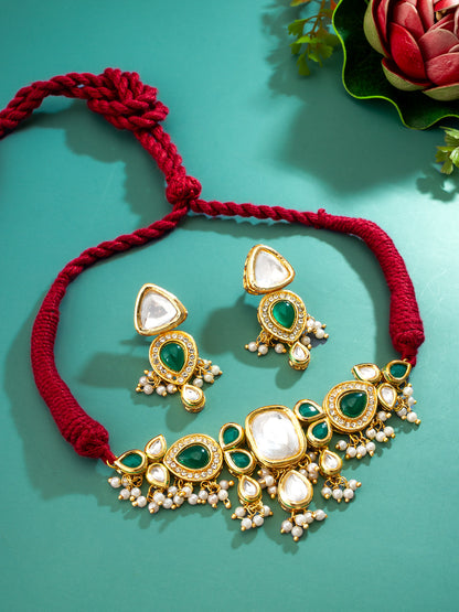 Aadita Emerald Green Teardrop Kundan Choker Necklace Set