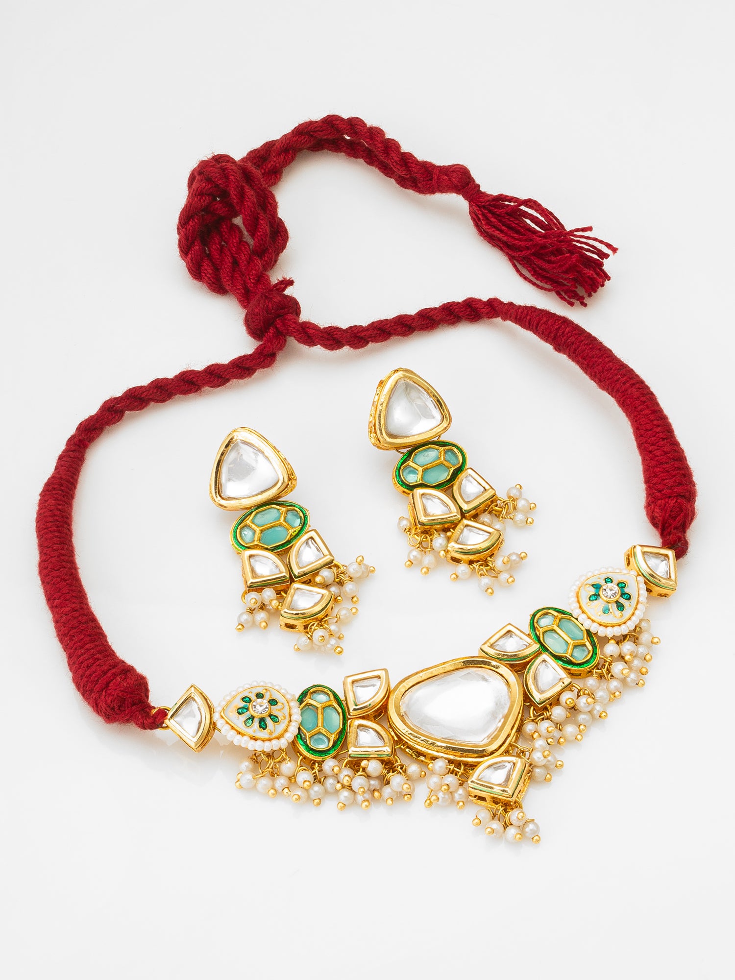 Aadita Mint Green Enamel Kundan Choker Set with Pearl Drops