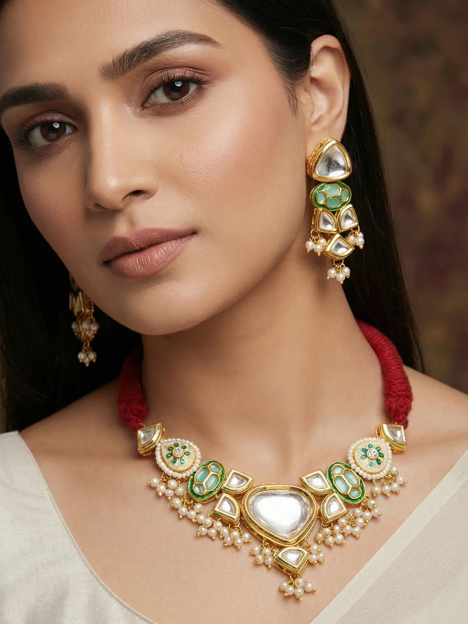 Aadita Mint Green Enamel Kundan Choker Set with Pearl Drops