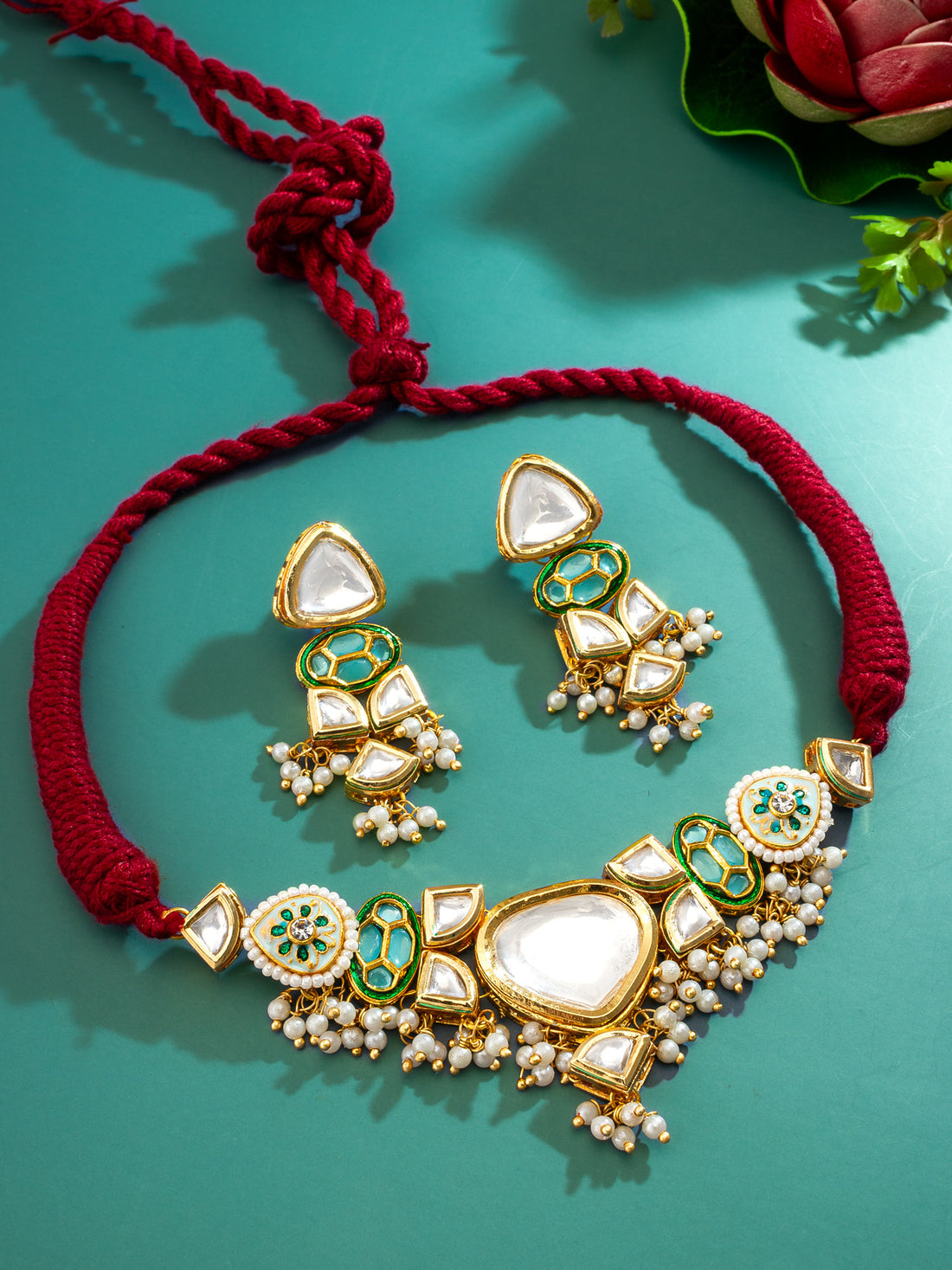 Mint Green Enamel Kundan Choker Set with Pearl Drops