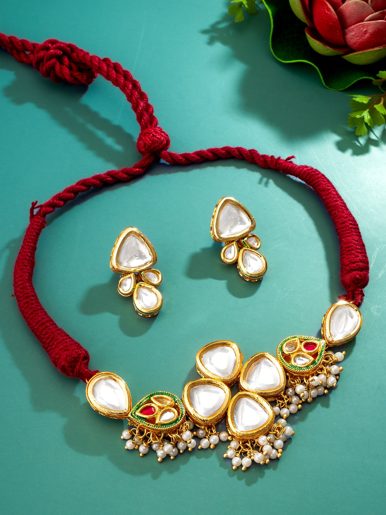 Aadita Gold Plated Kundan and Pearl Traditional Choker Necklace Set
