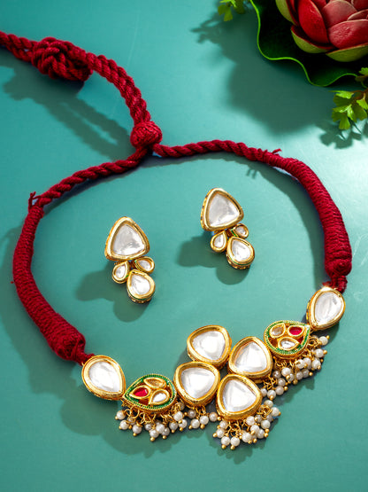 Aadita Gold Plated Kundan and Pearl Traditional Choker Necklace Set