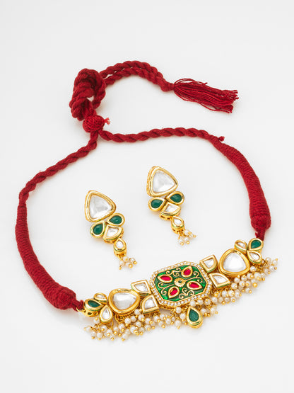 Aadita Gold Plated Green Meenakari Kundan Choker Necklace Set