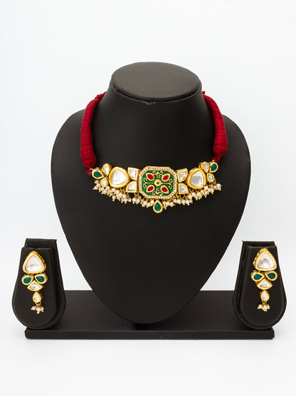 Aadita Gold Plated Green Meenakari Kundan Choker Necklace Set