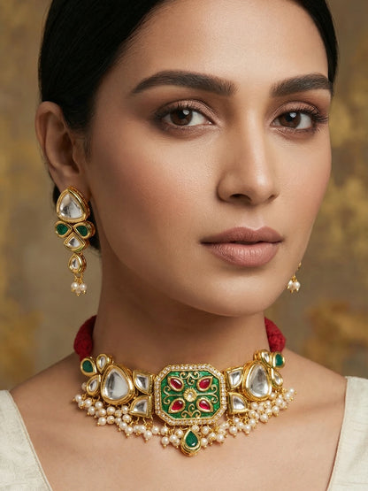 Aadita Gold Plated Green Meenakari Kundan Choker Necklace Set
