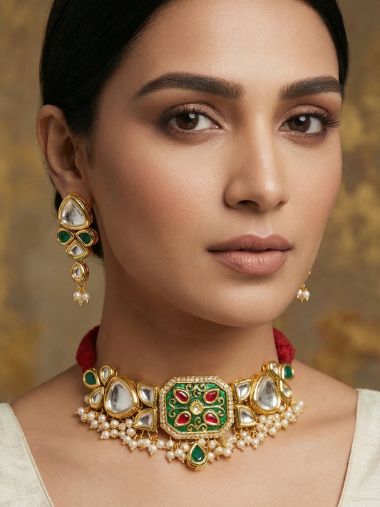 Aadita Gold Plated Green Meenakari Kundan Choker Necklace Set