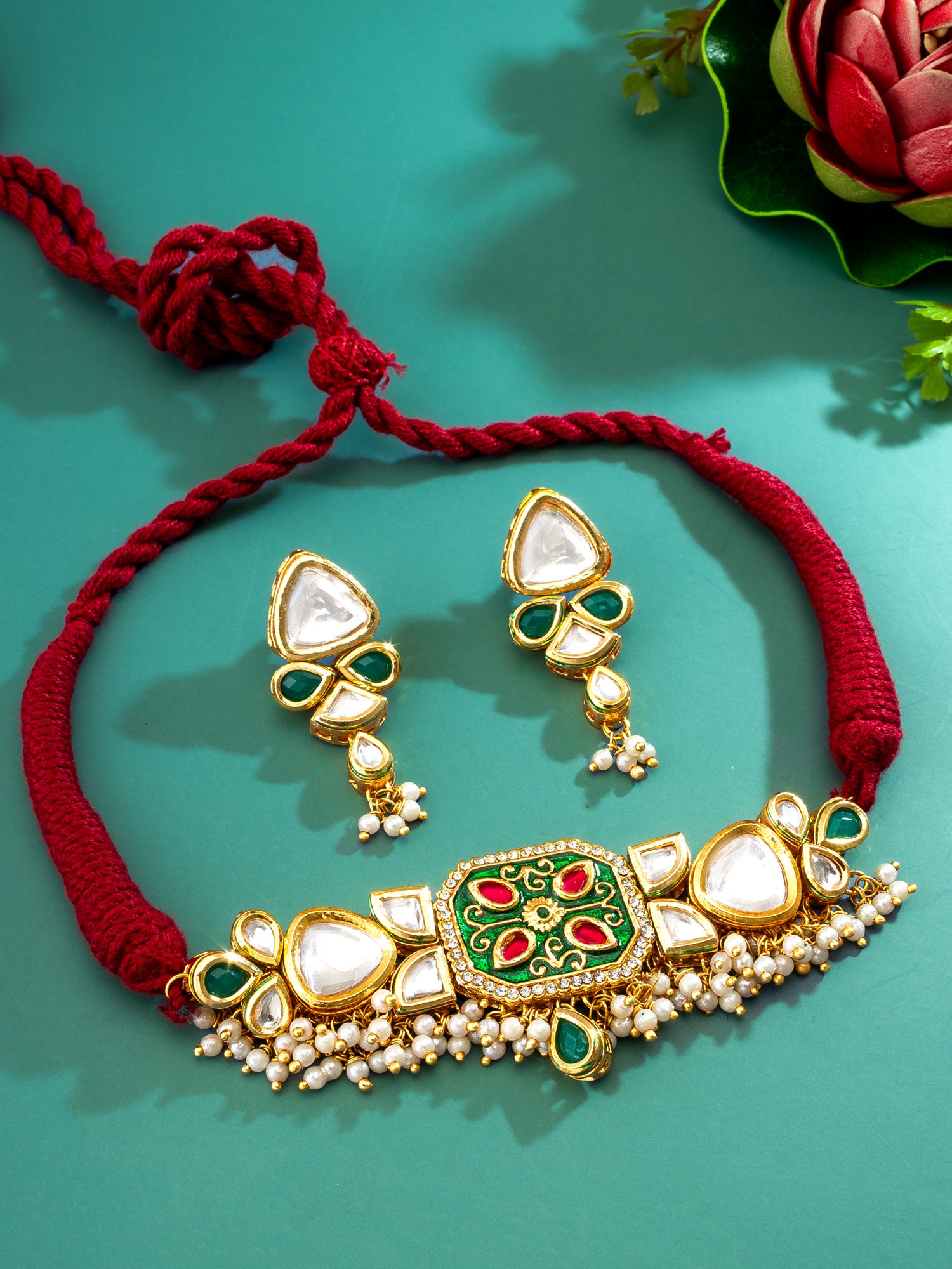 Aadita Gold Plated Green Meenakari Kundan Choker Necklace Set
