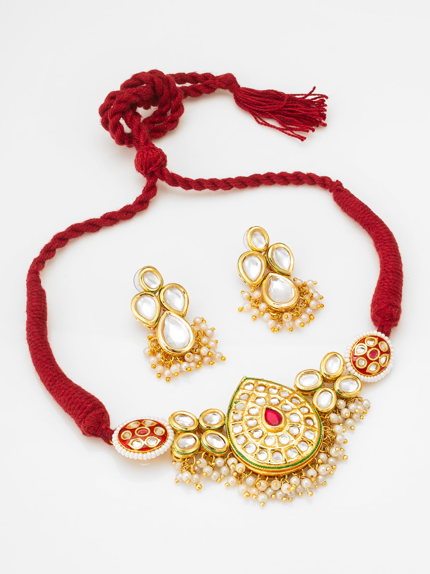 Aadita Gold Plated Kundan Paisley Motif Choker Necklace Set with Pearls