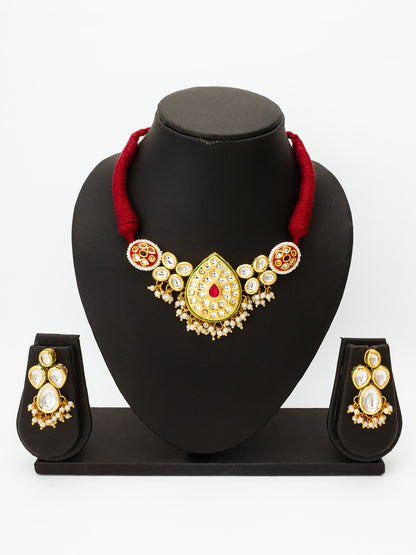 Aadita Gold Plated Kundan Paisley Motif Choker Necklace Set with Pearls