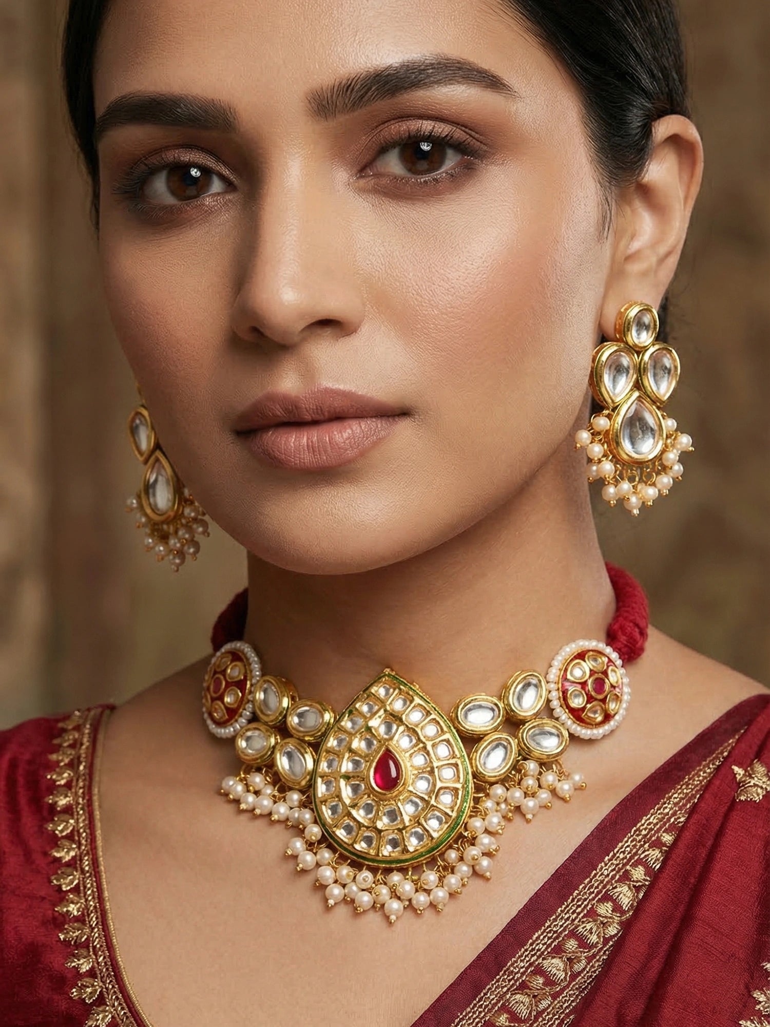 Aadita Gold Plated Kundan Paisley Motif Choker Necklace Set with Pearls